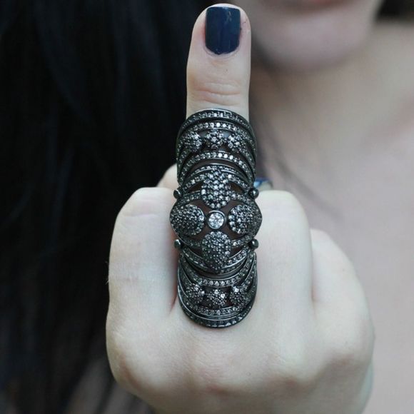 GORGEOUS SILVER GUNMETAL CZ COVERED JOINTED FULL FINGER SHIELD KNUCKLE R… - Picture 2 of 11